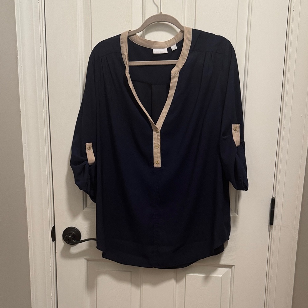 New York & Company Navy Blouse with Tan Trim